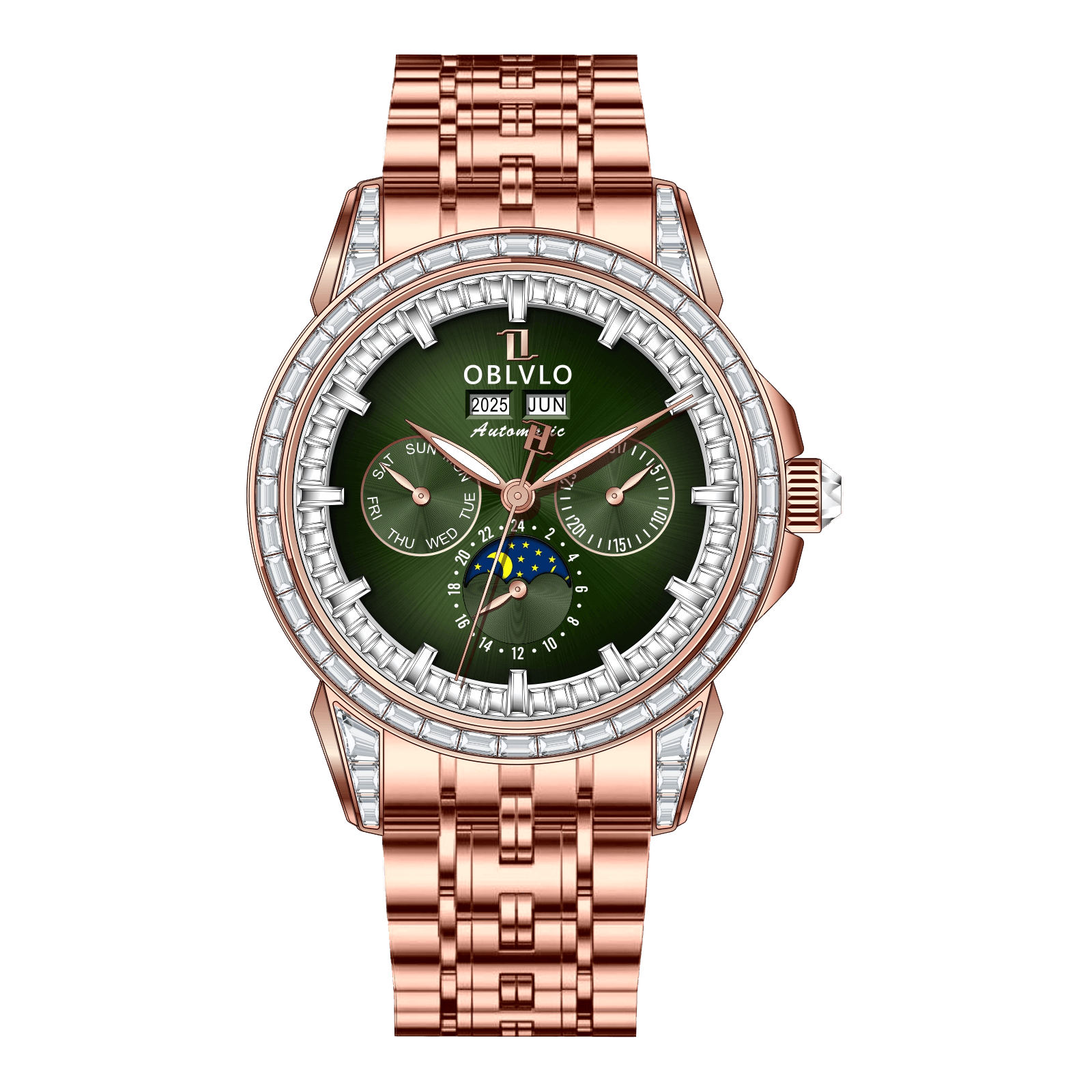 OBLVLO GCM Series,41mm,Rose Gold Steel Strap,Diamond Bezel,Green Di