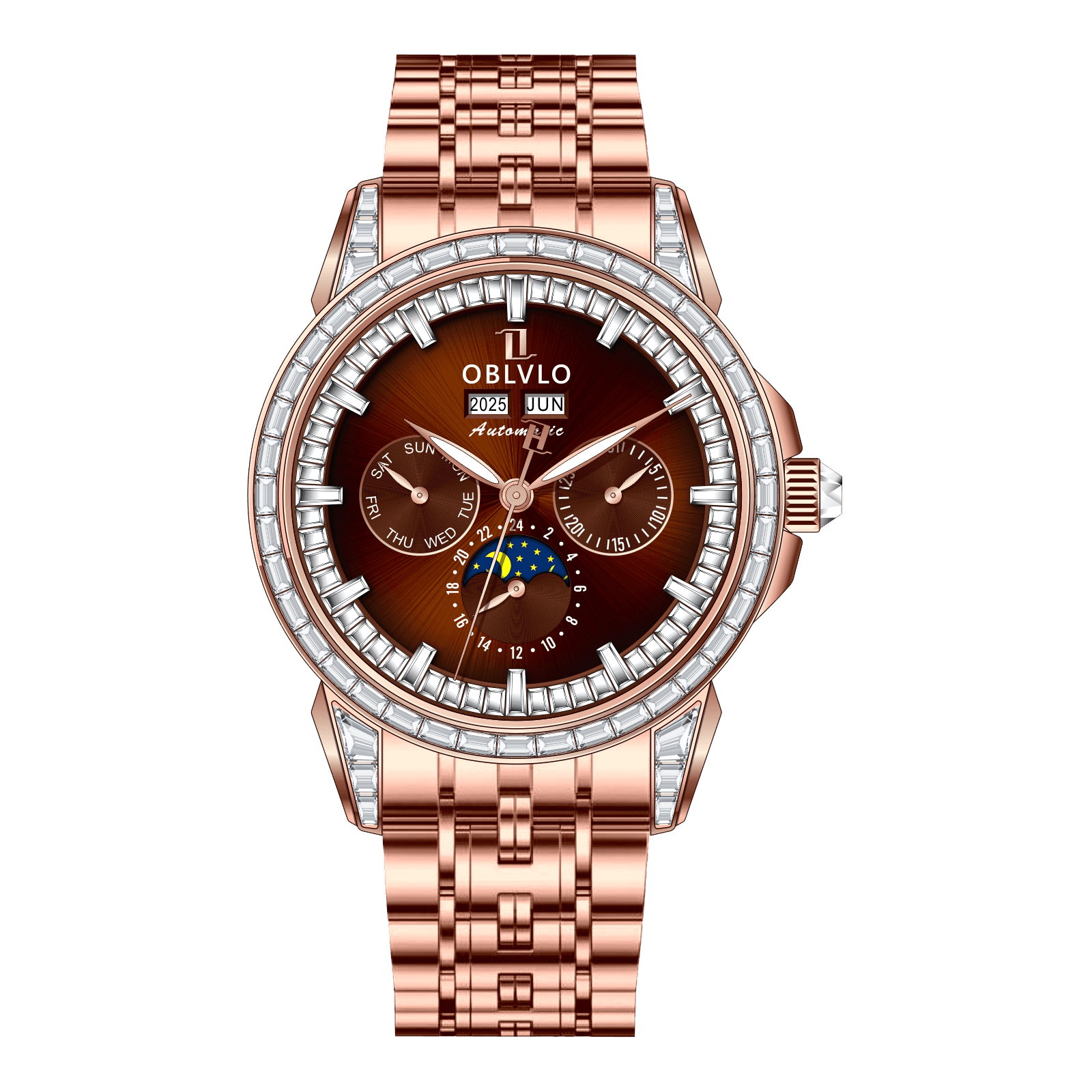 OBLVLO GCM Series,41mm,Rose Gold Steel Strap,Diamond Bezel,Brown Di