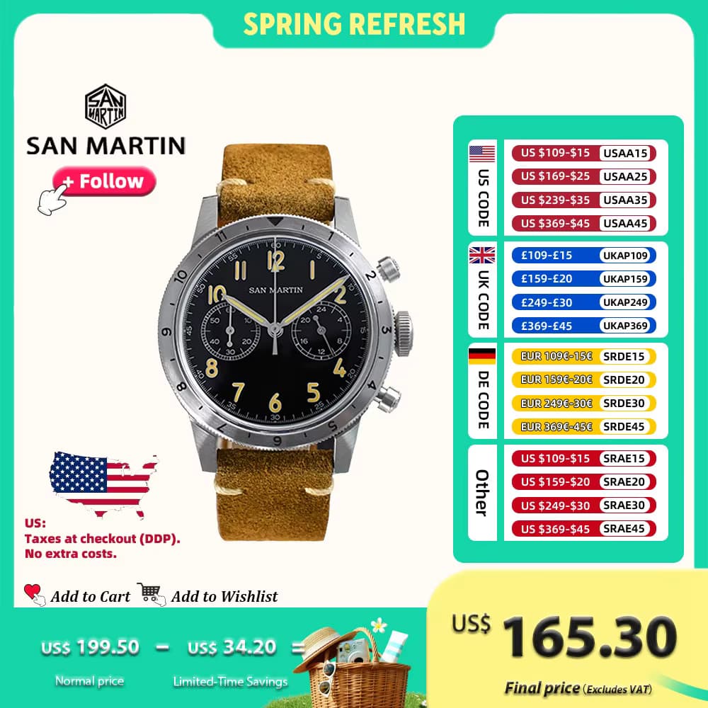 San Martin San Martin 39.5mm Vintage Men Watch Military Style VK64 Pilo
