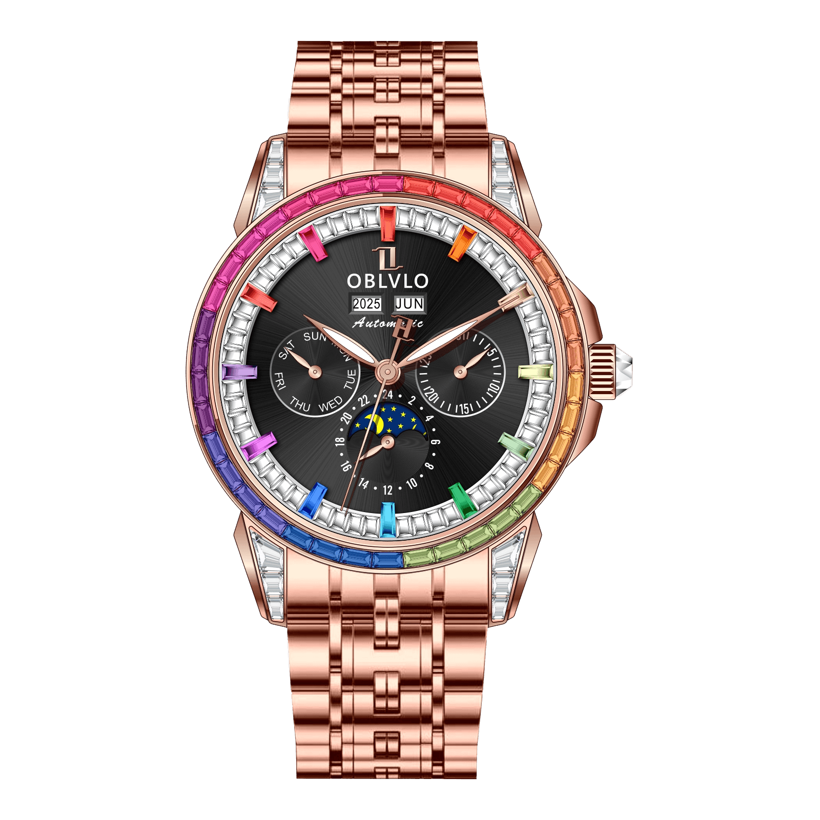 OBLVLO GCM Series,41mm,Rose gold Steel Strap,Colored diamond Bezel,