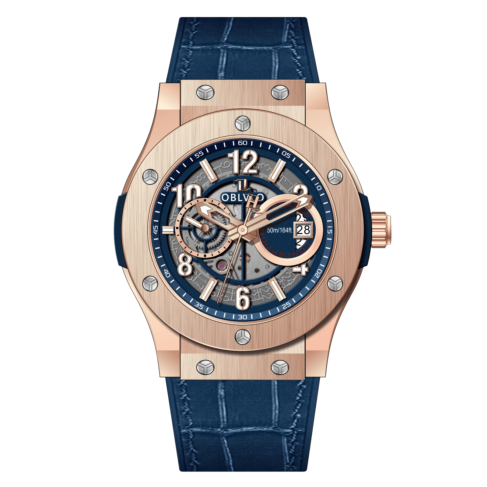 OBLVLO HM Series,44mm,Blue Leather Strap,Rose Gold Bezel,Blue Dial