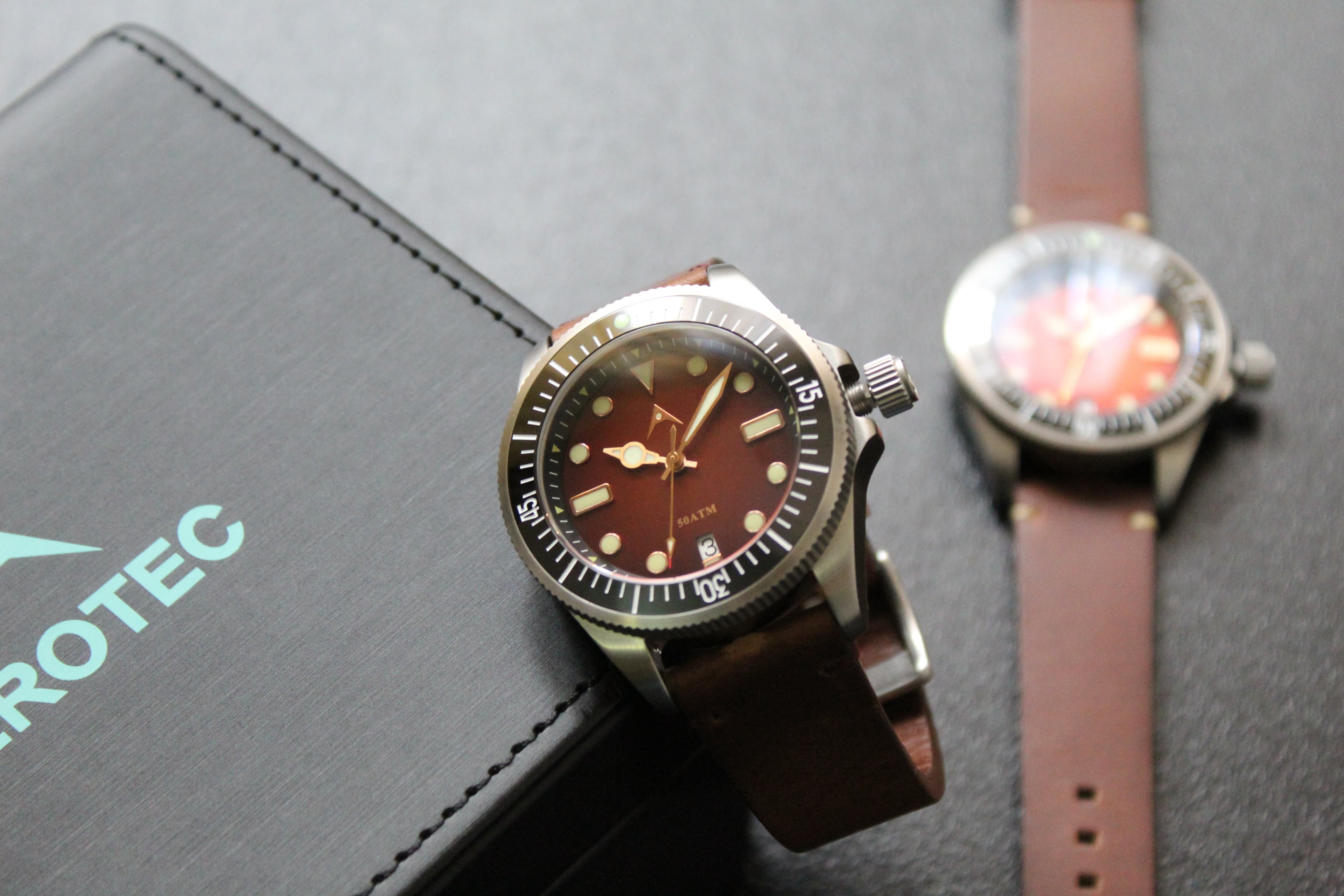 Aerotec Watches Sea Hunt ( Burgundy Dial with rose gold hands & indexes )